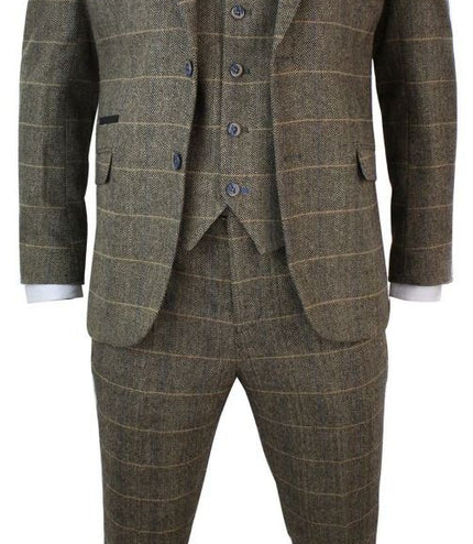 Mens 3 Piece Tan Brown Check Tweed Herringbone Vintage Classic Suit