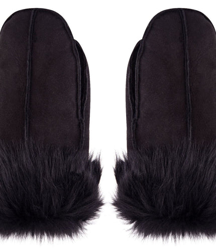 Unisex Blackl Sheepskin Leather Shearling Mittens Warm Gloves