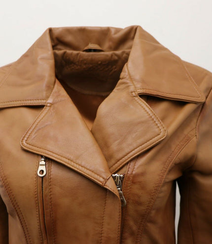 Womens Leather Long Biker Jacket-Muscat - Tan