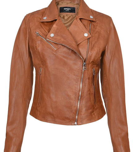 Womens Leather Biker Jacket-Zanzibar - Tan
