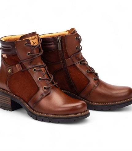 Pikolinos Women's Cuero Brown Leather Zip & Lace Up Heel Ankle Boots - San Sebastia