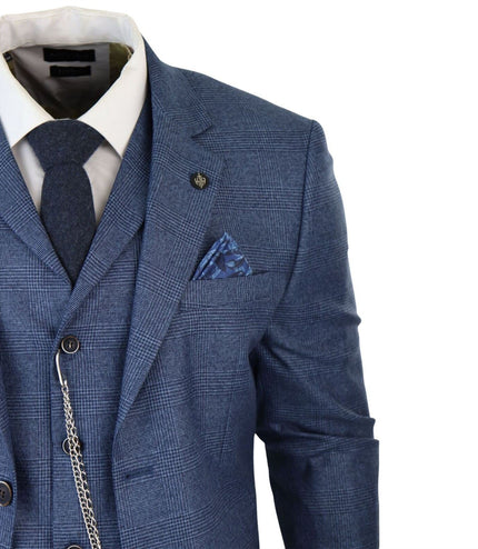 Men's 3 Piece Blue Prince Of Wales Check Suit