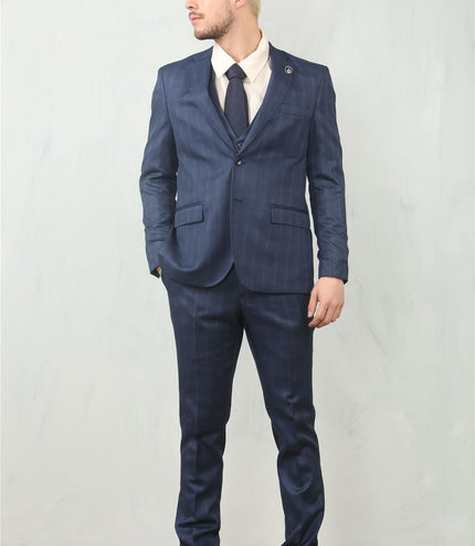 Men's 3 Piece Prince Of Wales Blue Suit Workwear