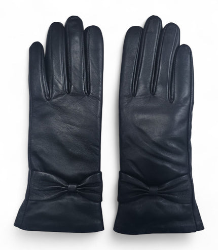 Womens Black Italian Leather Winter Bow Design Soft Wool Lining Gloves - L-GLV-401