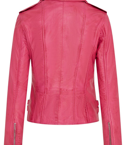 Womens Leather Brando Biker Jacket-Orlando - Fuschia