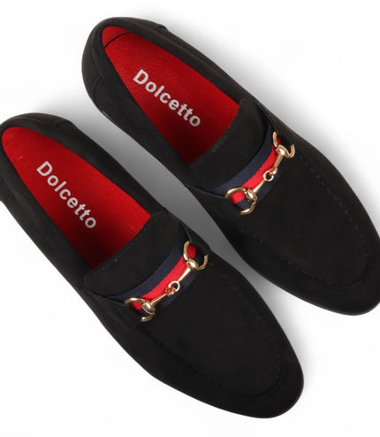 Men's Black Suede Loafers with Gold Buckle Slip-On Dress Shoes