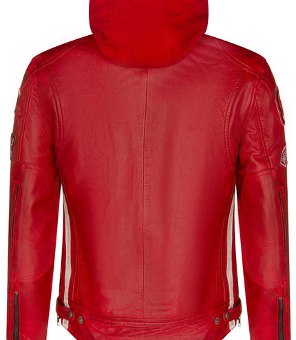 Mens Racing Hooded Leather Biker Jacket-Detroit - Red
