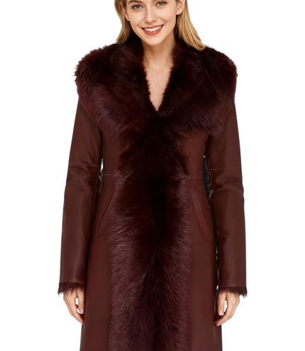Womens Burgundy Red Toscana Sheepskin Leather Hooded Trench Coat - Coast