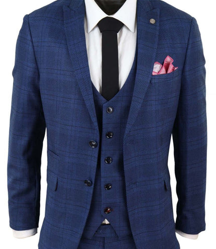 Mens 3 Piece Blue Birdseye Check Classic Suit