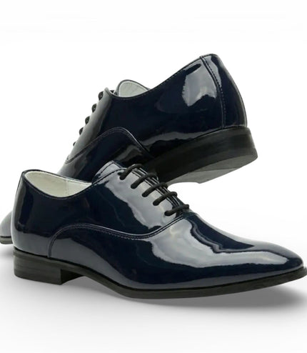 Men's Formal Navy Blue Patent PU Leather Oxford Dress Brogue Shoes