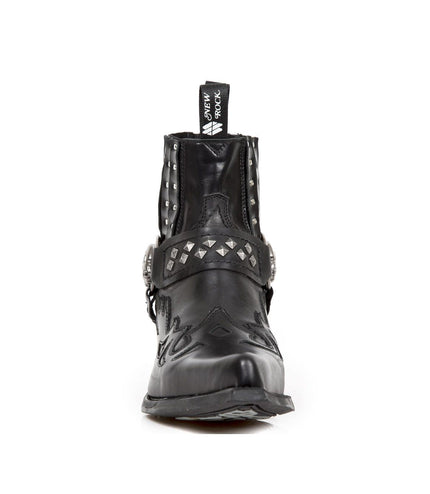 New Rock Studded Black Leather Western Biker Boots-7950-S1
