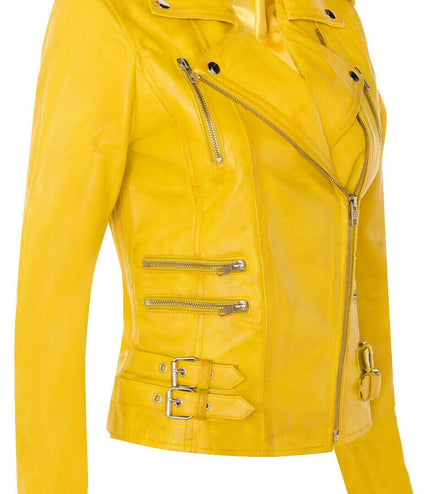 Womens Leather Brando Biker Jacket-Orlando - Yellow