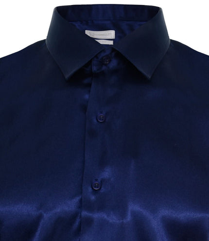 Mens Blue Satin Silk Shirt Smart Casual Button Down Cuff Tailored Fit