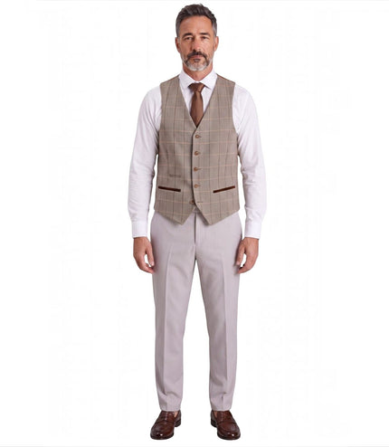 Mens Stone Suit with Harris Brown Tweed Waistcoat Wedding Suit - Mayfair