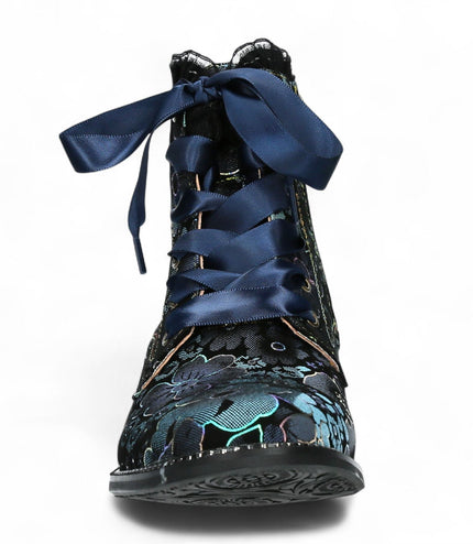 Laura Vita Emcmao-45 Blue Floral Womens Gothic Victorian Leather Ankle Heeled Boots
