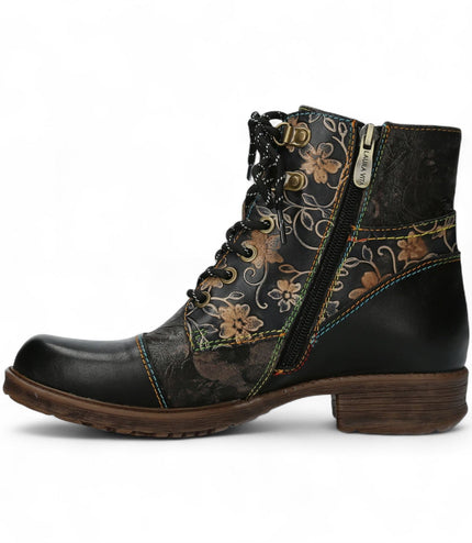 Laura Vita Anita 006 Black Floral Womens Gothic Victorian Leather Ankle Boots