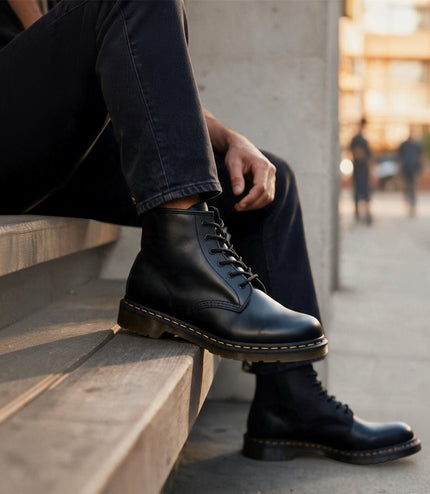 Dr Martens 101 Yellow Stitch Black Leather 6-Eye Ankle Boots - 26230001