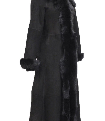 Womens Black Suede Toscana Sheepskin Hooded Trench Coat-Rushden