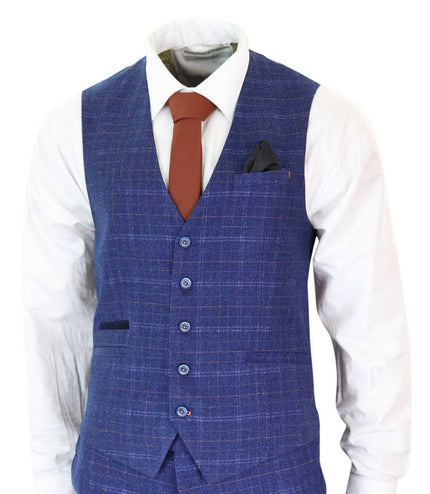 Mens 3 Piece Blue Tweed Check Vintage Classic Suit