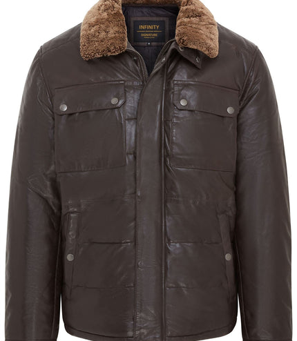 Men's Lamb Leather Puffer Bomber Warm Biker Jacket - Brown