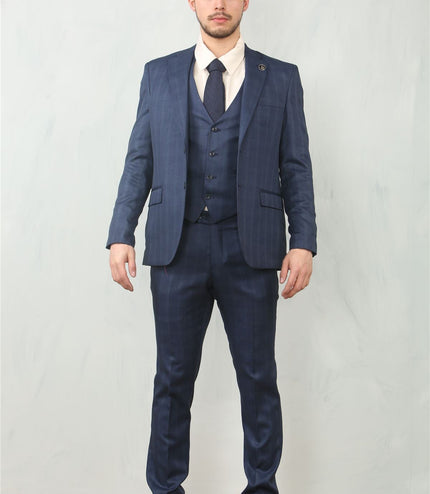Men's 3 Piece Prince Of Wales Blue Suit Workwear
