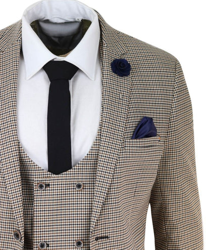 Mens 3 Piece Beige Check Retro Vintage Classic Suit