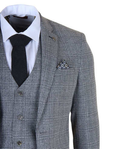 Men's 3-Piece Grey Classic Check Suit Slim Fit Plain Formal Party Suit