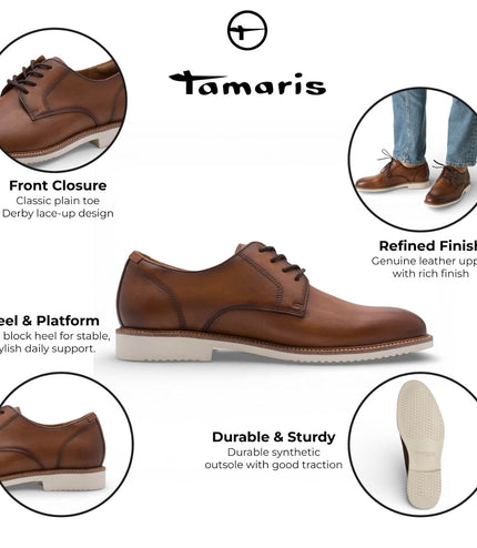 Tamaris Men's Cognac Brown Leather Plain Toe Smart Derby Shoes