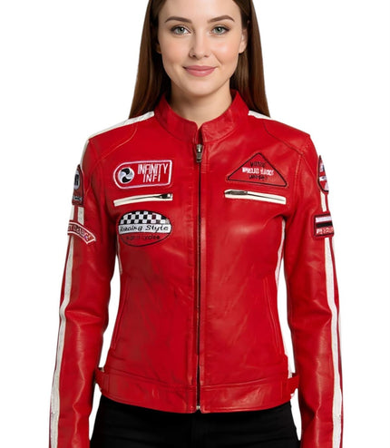Womens Biker Racing Badges Leather Jacket-Eastleigh - Fuschia
