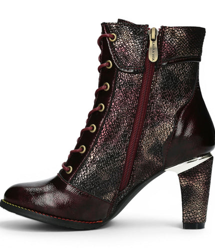 Laura Vita Women’s Wine Leather Floral Heeled Lace-Up Boots - Alcbaneo 173