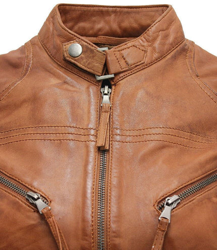 Womens Slim-Fit Leather Biker Jacket-Maldon - Brown