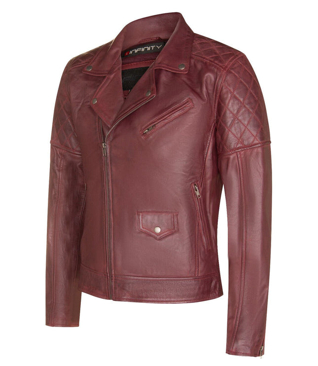 Mens Cross Zip Leather Biker Jacket - Gibraltar - Burgundy