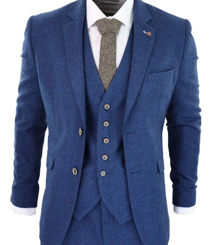 Mens 3 Piece Blue Tweed Wool Twill Vintage Classic Suit
