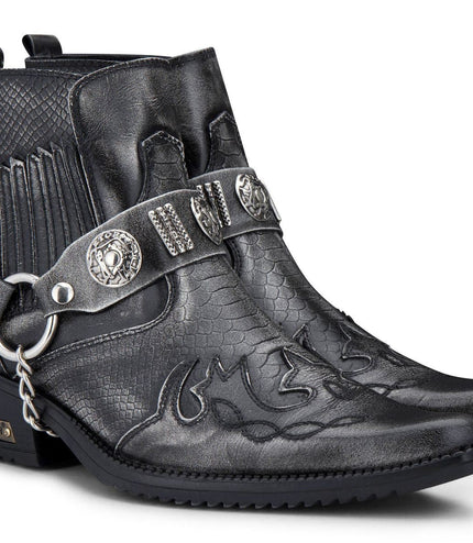 Mens Grey Snakeskin Winklepicker Cowboy Leather Ankle Boots