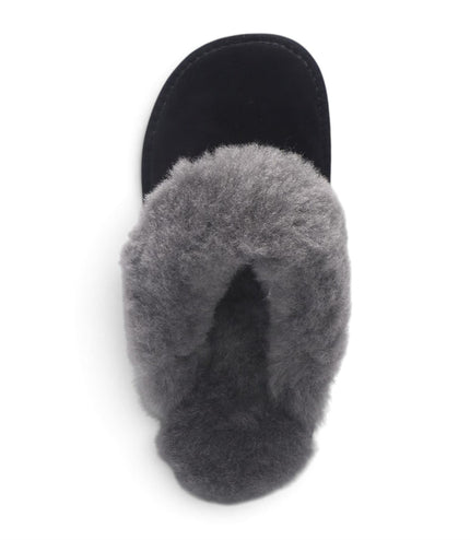 Women's Genuine Sheepskin Black Suede Mule Winter Slippers - Luna