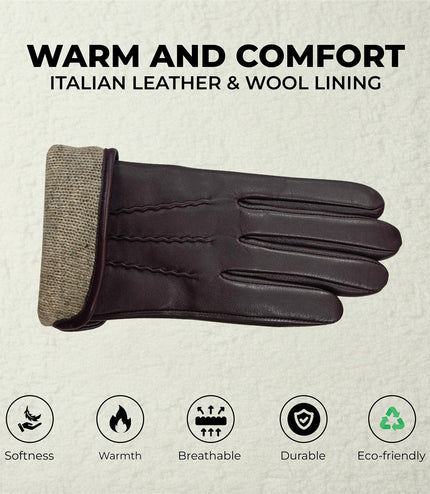 Womens Purple Italian Leather Winter Stitch Line Design Soft Wool Lining Gloves - L-GLV-301