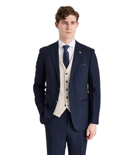 Men's Check Navy Blazer Cream Waistcoat Wedding 3 Piece Suit - Regent