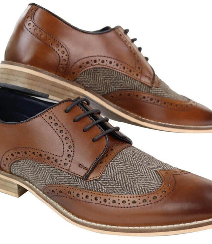 Mens Classic Oxford Tweed Brogue Derby Shoes In Tan Leather