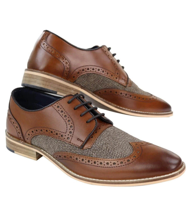 Mens Classic Oxford Tweed Brogue Derby Shoes In Tan Leather