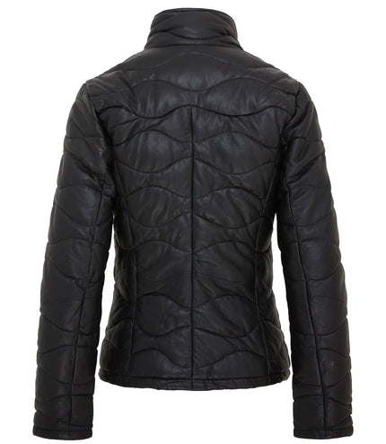 Womens Puffer Warm Quilted Leather Bomber Jacket - Black