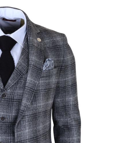 Men's Formal Grey Tweed  3 Piece Check Vintage Gatsby Style Suit