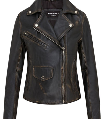 Women's Classic Brando Biker Leather Jacket - Broome - Vintage Black