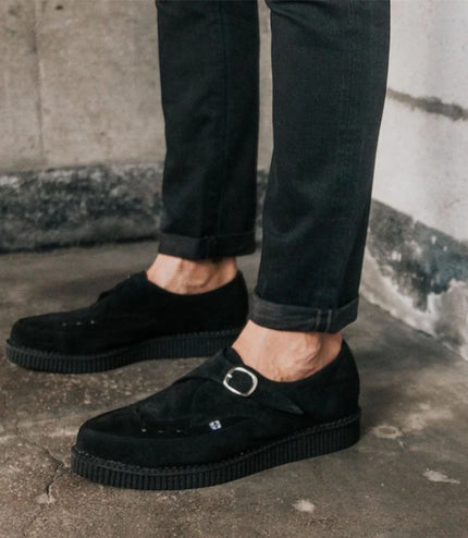 TUK Pointed Creeper Black Suede Monk Buckle Platform Shoes - A8139