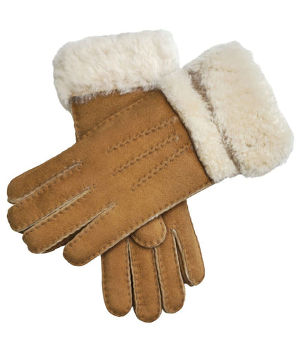 Infinity Leather Womens Tan Sheepskin Suede Gloves with Roll Up/Down Cuff