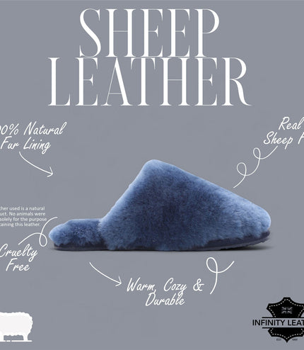 Women's Sheepskin Slippers Navy Warm Winter Fur Mule - Aurora