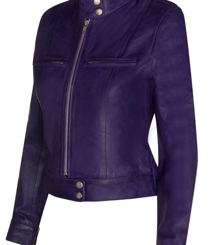 Womens Plain Leather Moto Biker Jacket-Braga - Purple