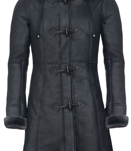 Womens Black Sheepskin Hooded Duffle Coat-Ottawa