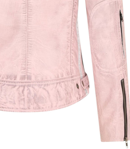 Womens Biker Racing Badges Pink Leather Jacket-Eastleigh