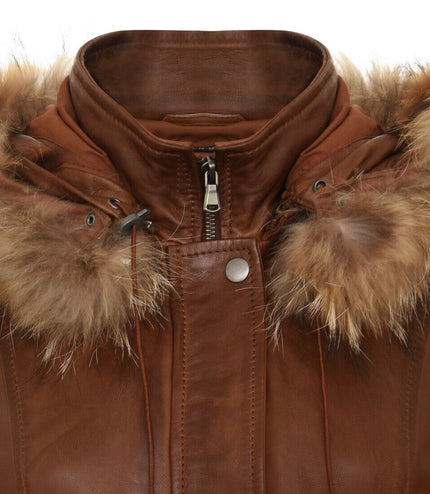 Womens Warm Leather Hooded Parka Jacket-Northwich - Tan