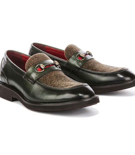 Justin Reess Men's Green Leather Herringbone Tweed Loafer Shoes - Tristian